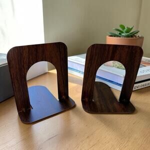 2 Vintage Rogers Metal Industrial Small Bookends MCM Faux Woodgrain 5" X 4.75"